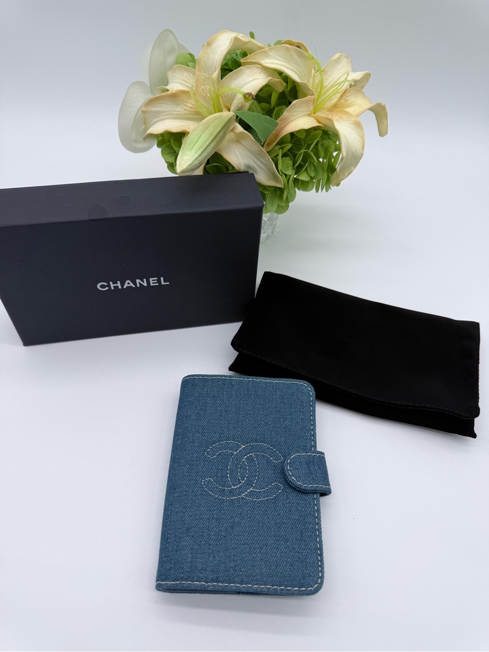 CHANEL VIP gift Blue Denim Logo passport Wallet Cover